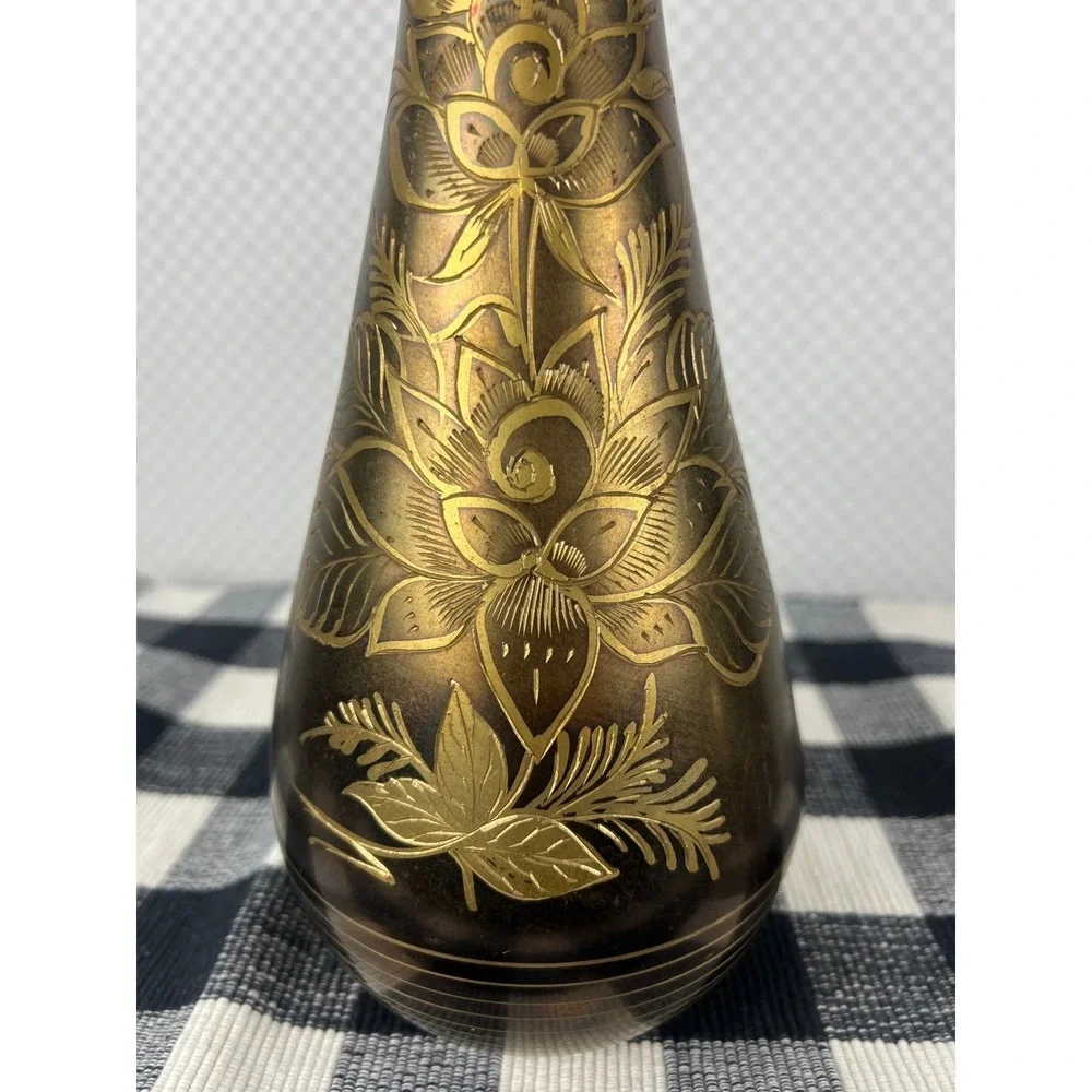 Vintage Etched Brass Floral Vase Tall Bud Vase Gold Tone Boho Decor 15